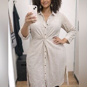 Linen blend button up shirt dress Sz S with tied waist detail coastal elite